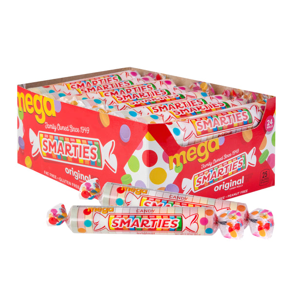 Mega Smarties<sup>®</sup> rolls <span>in a box, roll weight = 2.25 ounces, 24 rolls per box, case of 12 boxes</span>